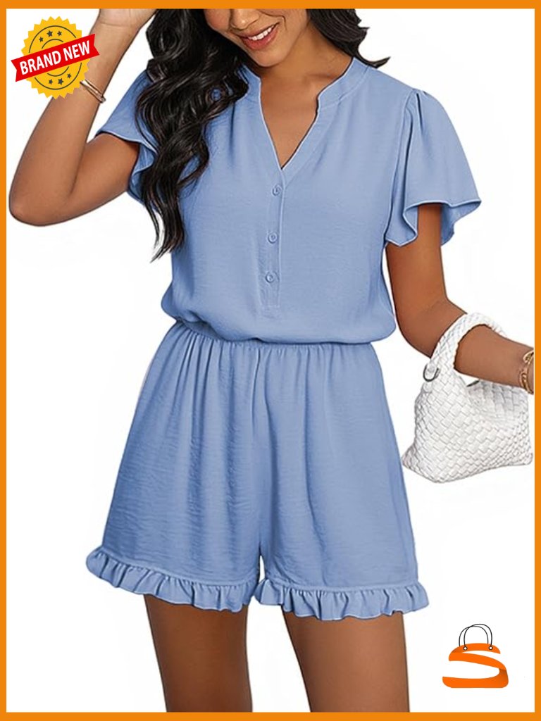 Short Sleeve Ruffle Romper With Pockets V Neck Wide Leg Mini Jumpsuit